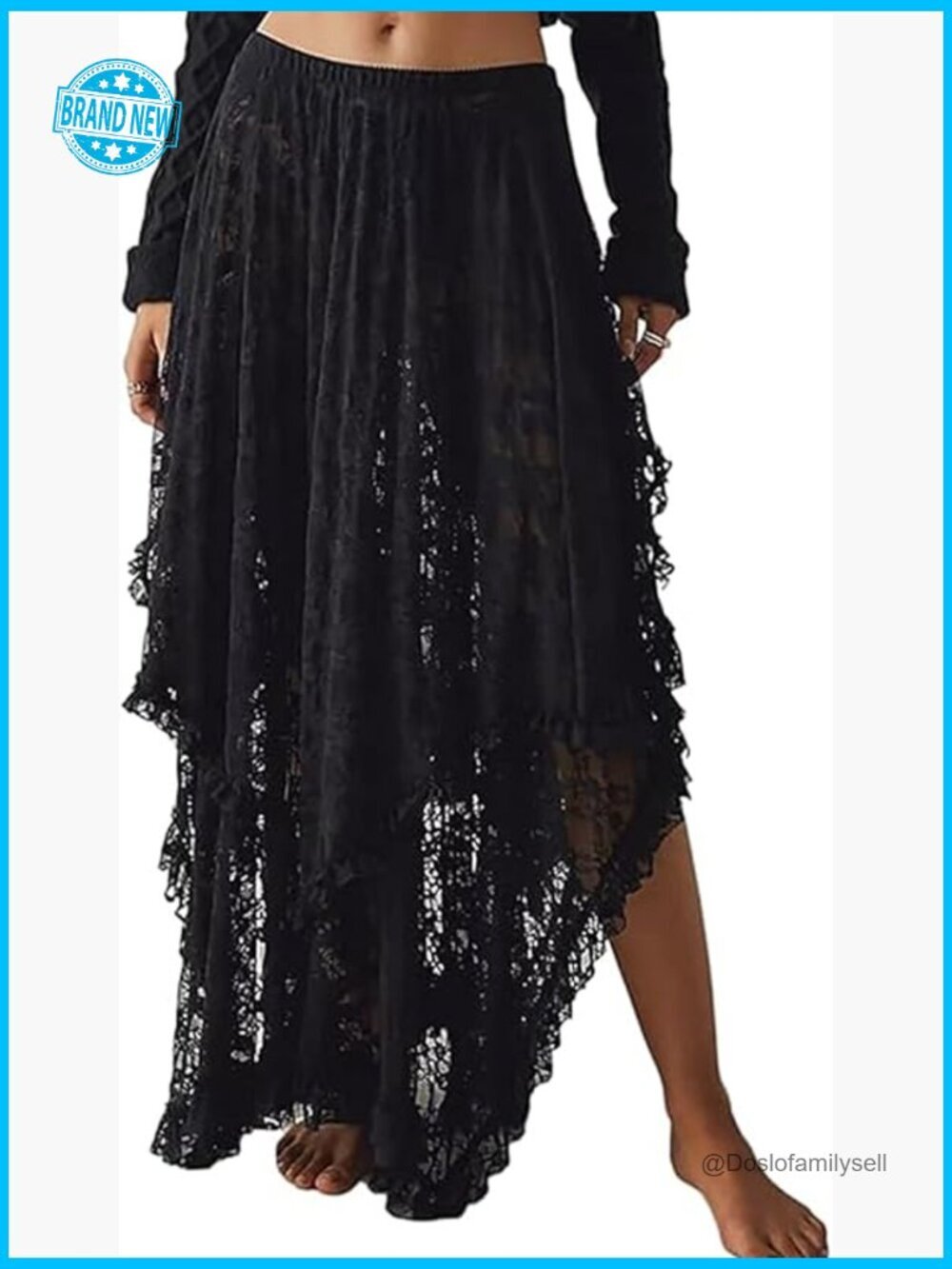Flowy Boho Maxi Skirt Asymmetrical Layered See-Through Long Skirt Elastic Waist